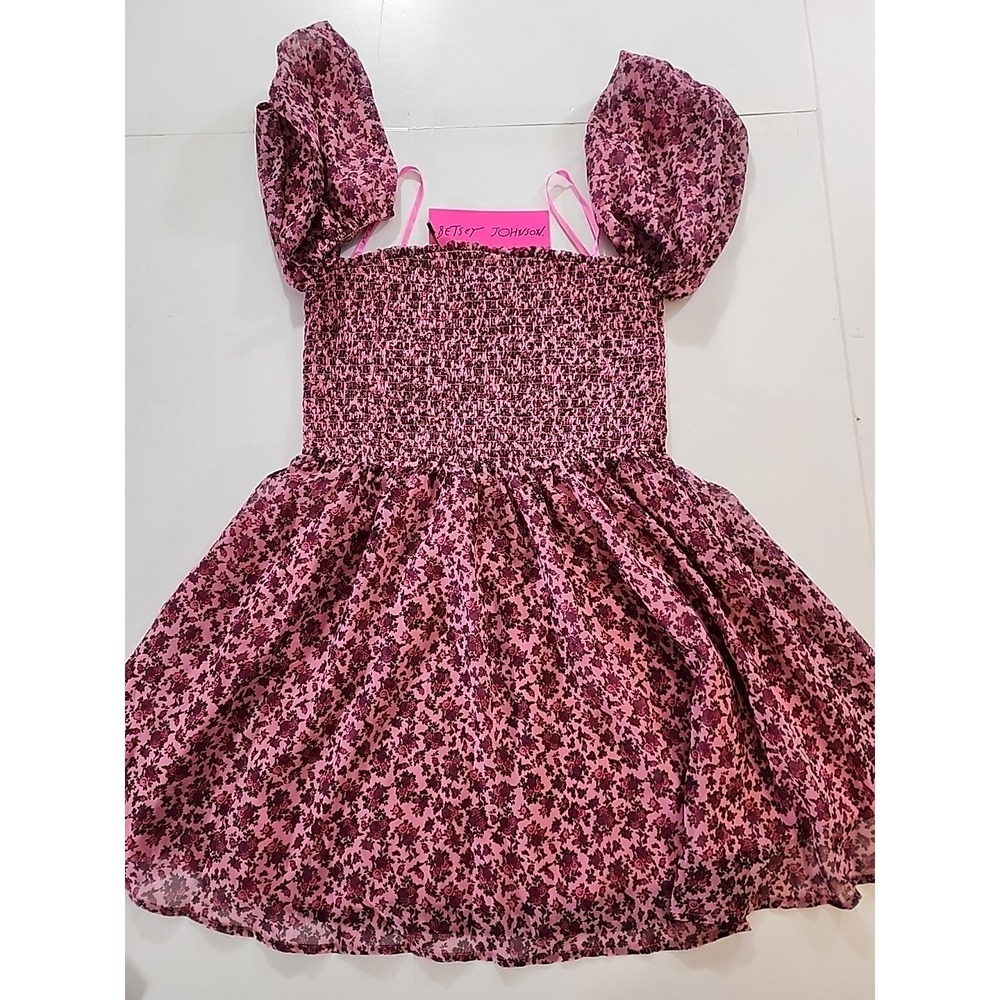 Betsey Johnson Pink and Black Floral Smocked Mini Dress